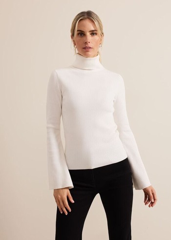 Phase Eight Fran Fluted Sleeve Ribbed Roll Neck Knitwear White USA | 3091654-SG